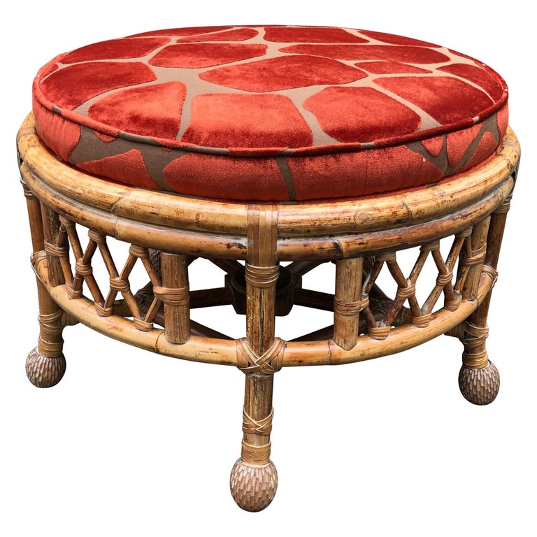 Chic Vintage Round Bamboo Ottoman Upholstered in Faux Giraffe at