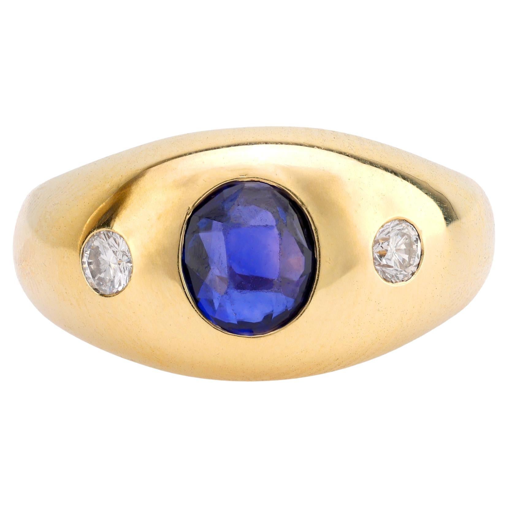 Chic vintage sapphire diamond 14k yellow gold bezel ring