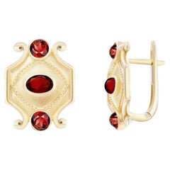 Elegantes Pendientes Estilo Vintage Granate Amarillo Oro 14K para Ella