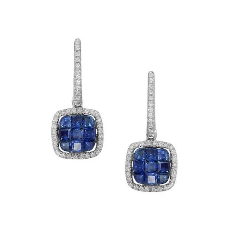 Antique Cushion Cut Chic White Gold Blue Sapphire Diamond Drop Lever-Back Earrings for Her For Sale