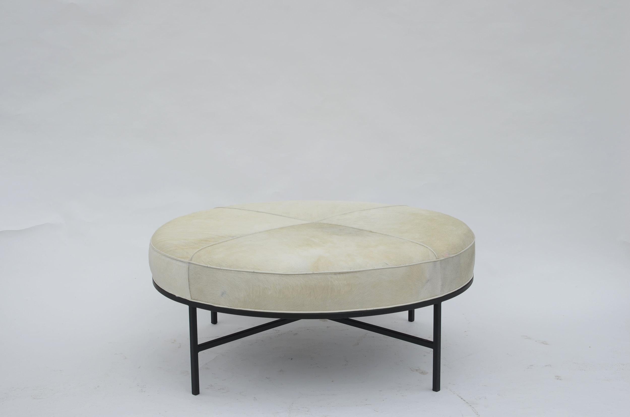 American Chic White Hide and Blackened Steel 'Tambour' Ottoman by Design Frères For Sale