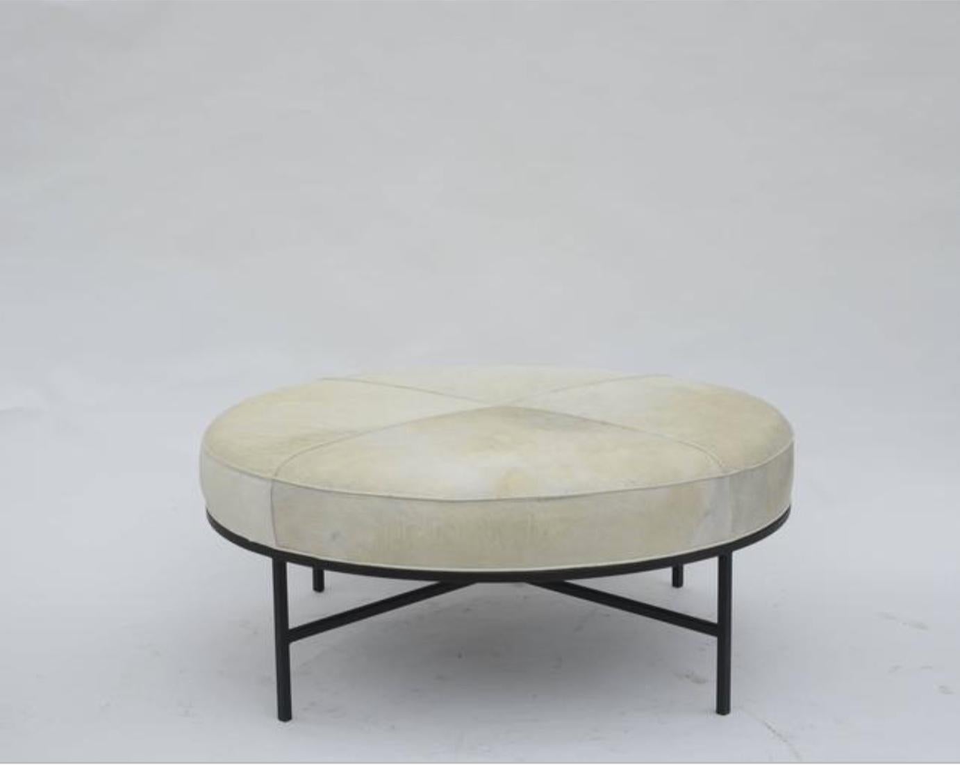 American Chic White Hide and Blackened Steel 'Tambour' Ottoman by Design Frères For Sale