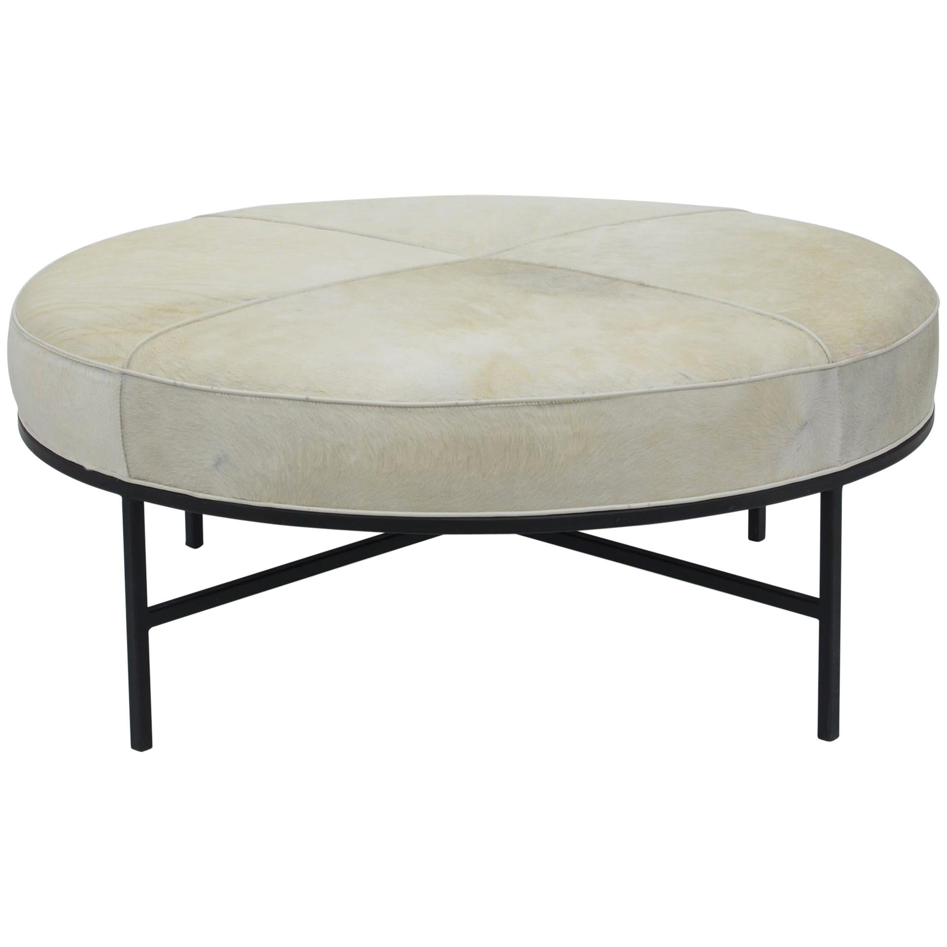 Chic White Hide and Blackened Steel 'Tambour' Ottoman by Design Frères For Sale