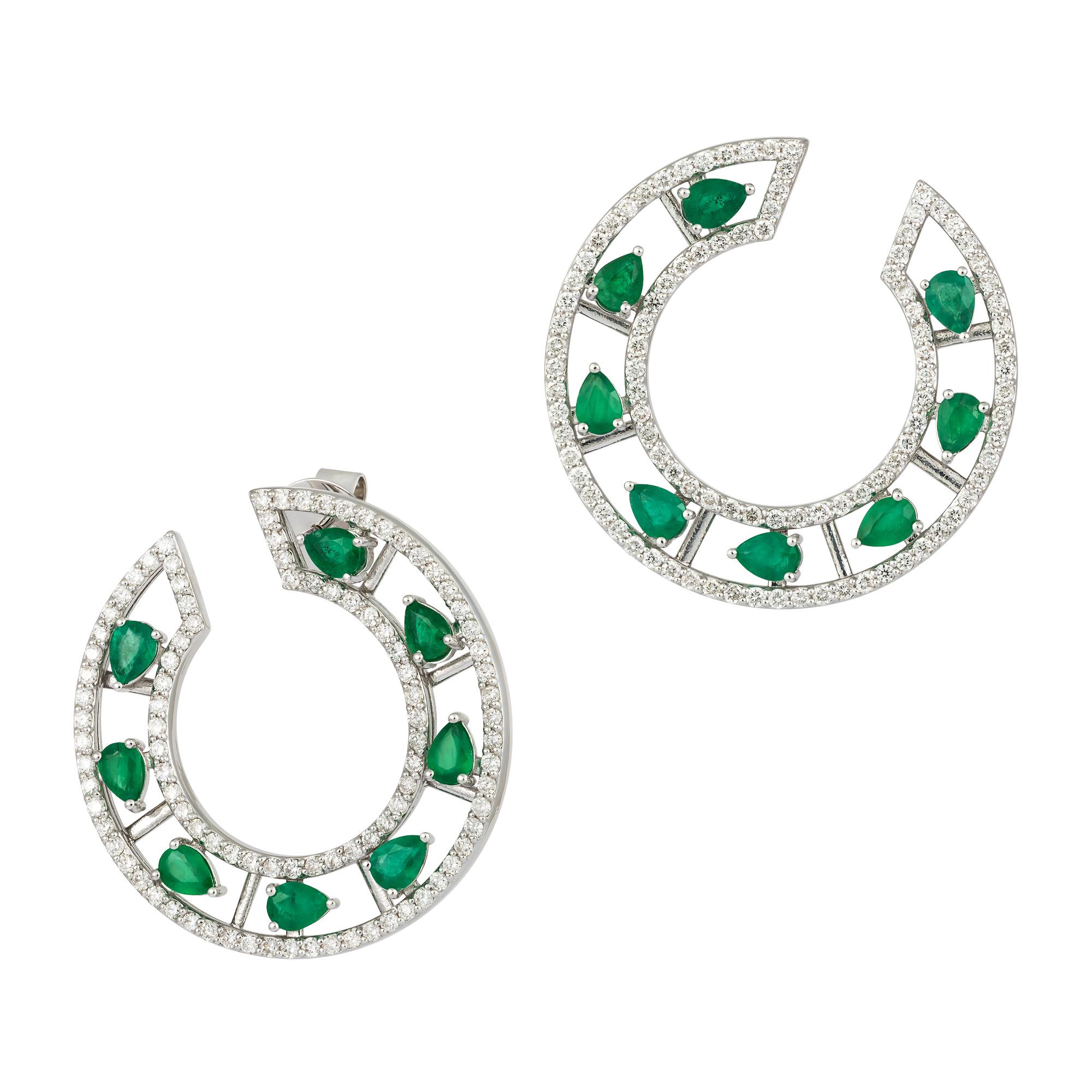 EARRING 18K White Gold Diamond 1.59 Cts/198 Pcs Emerald  2.27 Cts/16 Pcs