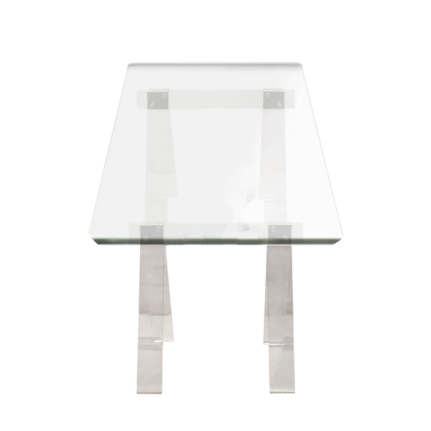 American Chic Work Table with Sawhorse-Style Lucite and Chrome Bases and Glass Top 1970s For Sale