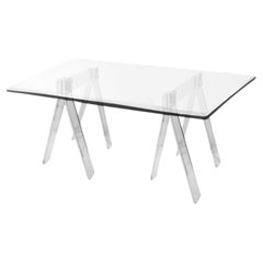 Chic Work Table with Sawhorse-Style Lucite and Chrome Bases and Glass Top 1970s