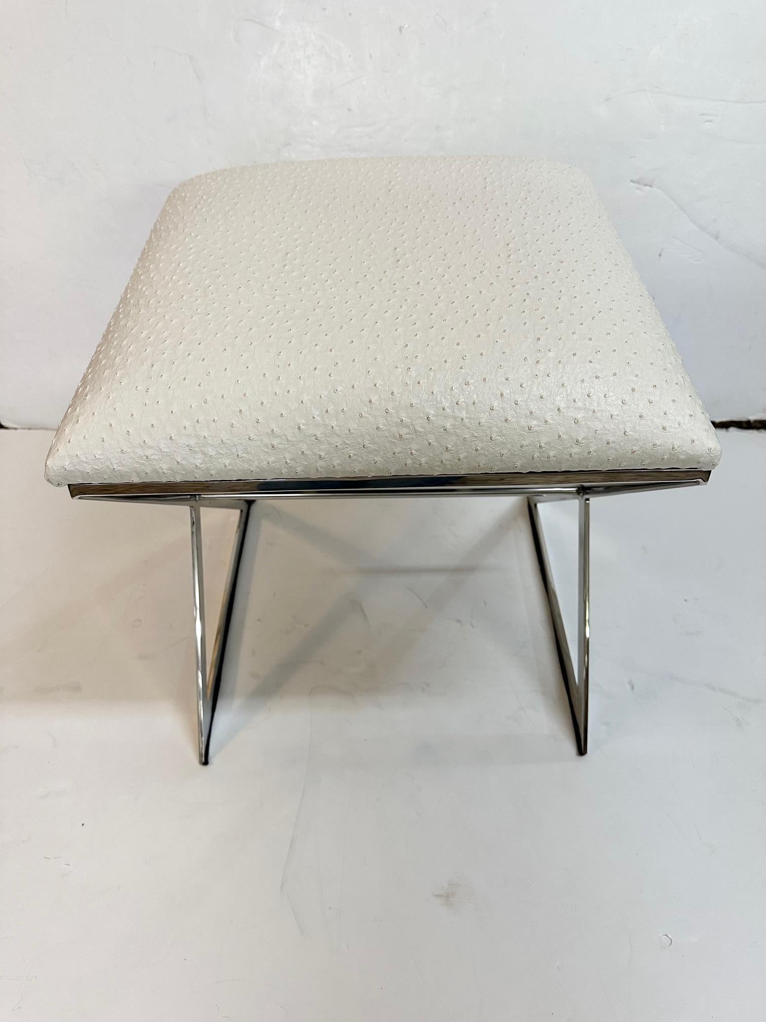American Chic Worlds Away Faux Ostrich and Polished Nickel Stool Bench For Sale