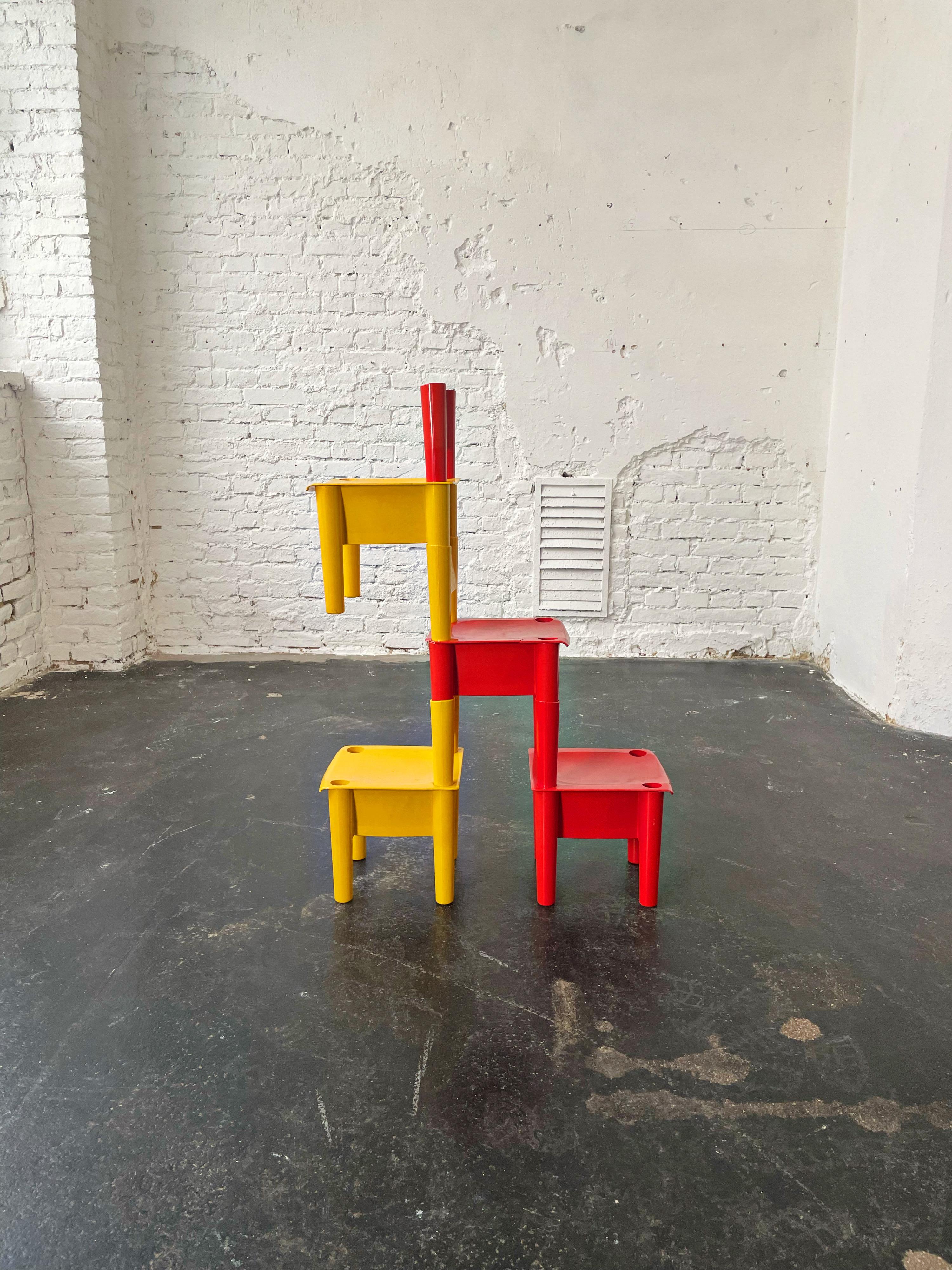 Early and very rare demountable child's chairs model Chica (also called Junior) in original condition, a modular system of plastic components that can be fitted together in a variety of ways to create seats, tables, and play structures. The