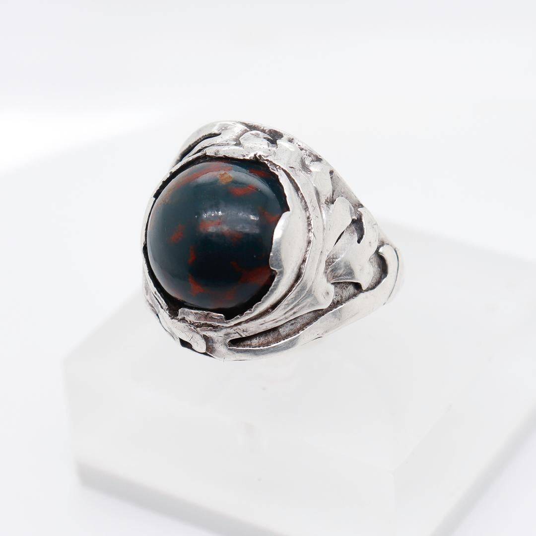 Chicago Arts & Crafts Signed Sterling Silver & Bloodstone Cabochon Signet Ring For Sale 5