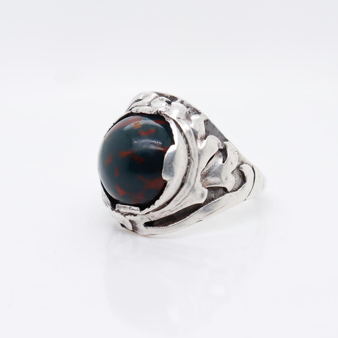 Arts and Crafts Chicago Arts & Crafts Signed Sterling Silver & Bloodstone Cabochon Signet Ring For Sale
