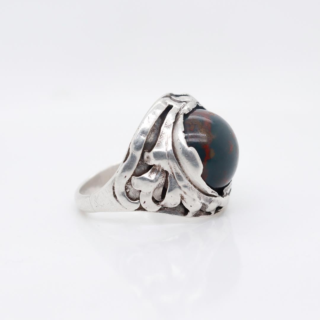 Chicago Arts & Crafts Signed Sterling Silver & Bloodstone Cabochon Signet Ring For Sale 2
