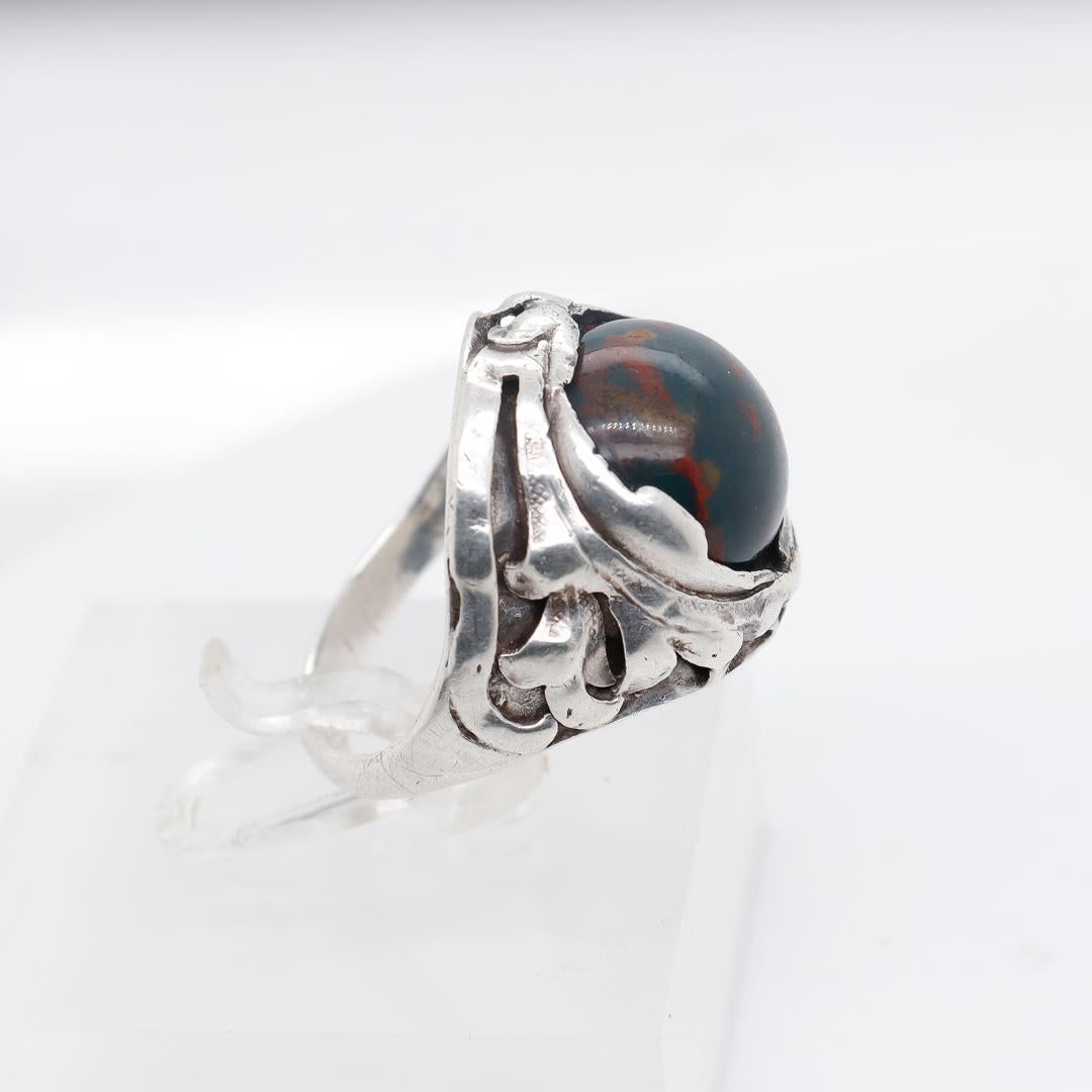 Chicago Arts & Crafts Signed Sterling Silver & Bloodstone Cabochon Signet Ring For Sale 3