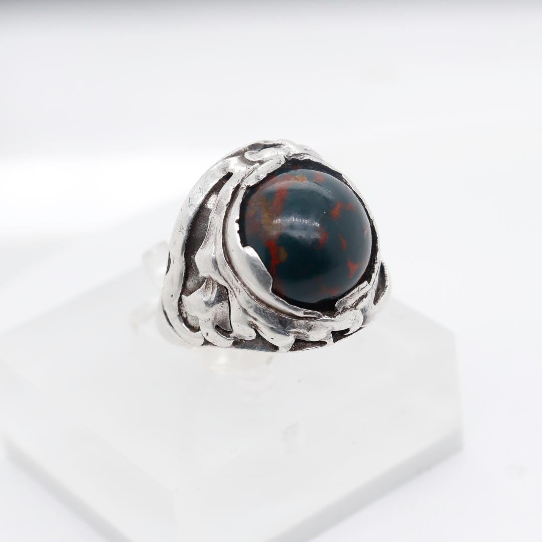 Chicago Arts & Crafts Signed Sterling Silver & Bloodstone Cabochon Signet Ring For Sale 4