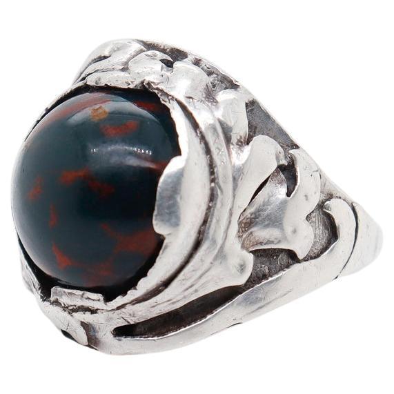 Chicago Arts & Crafts Signed Sterling Silver & Bloodstone Cabochon Signet Ring