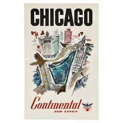 CHICAGO - CONTINENTAL AIR LINES: Poster vintage originale di una compagnia aerea dedicato ai viaggi e al turismo