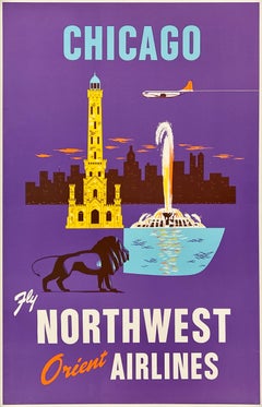 CHICAGO FLY NORTHWEST ORIENT AIRLINES Original Vintage Airline Travel Poster