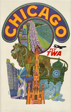 CHICAGO - FLY TWA Authentic Original Vintage Airline Travel Poster DAVID KLEIN