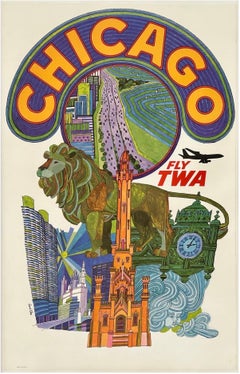 CHICAGO - VUELA CON LA TWA Póster de viaje original de época de la compañía aérea DAVID KLEIN