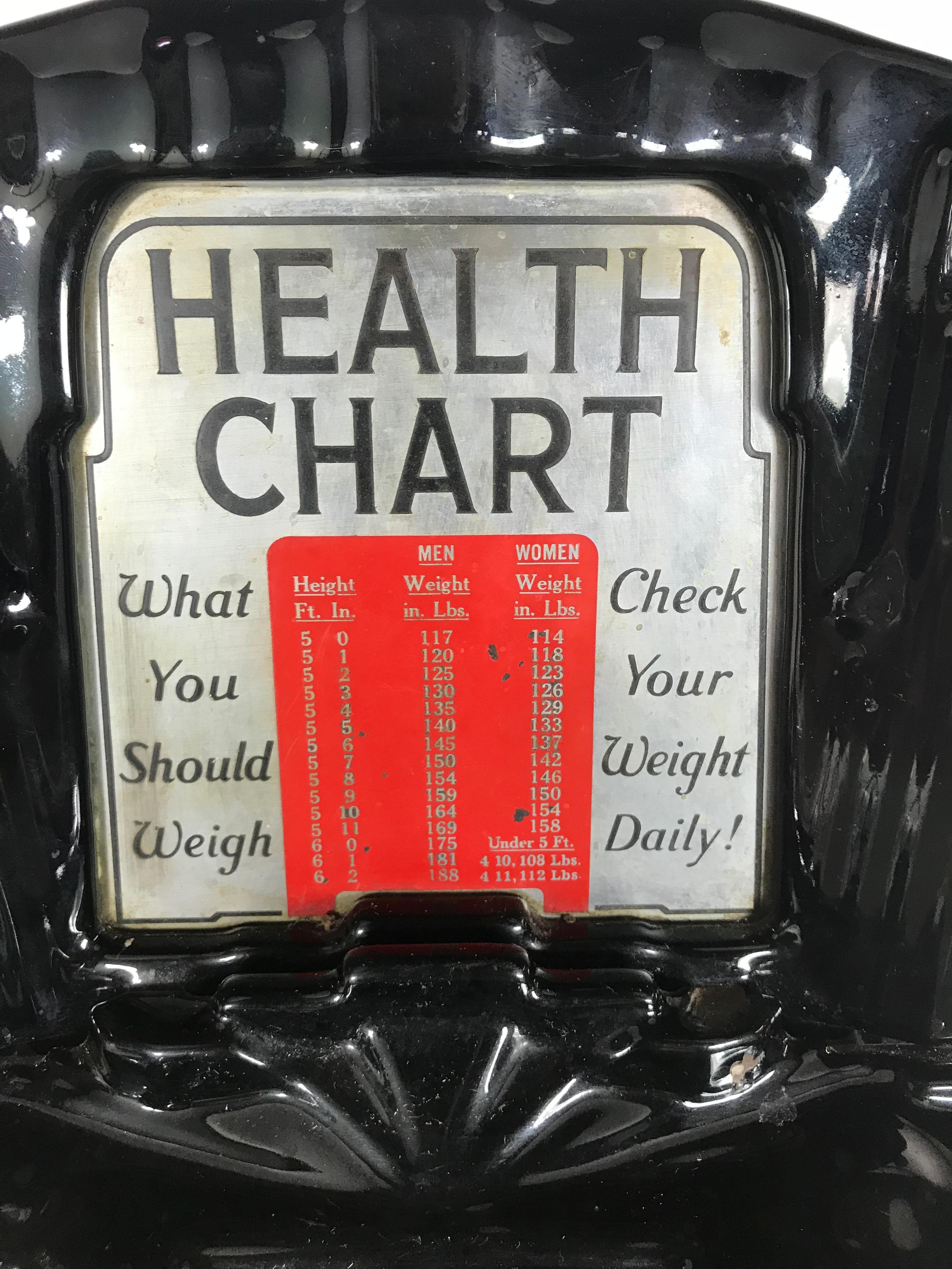 American Chicago Mills Novelty Co. Art Deco Penny Floor Drugstore Scale with Health Chart