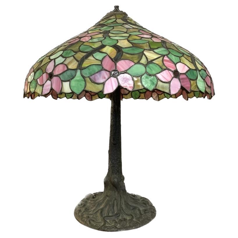 Chicago Mosaic Lamp Co. Antique Art Nouveau Style Faux Bois Leaded Glass Lamp