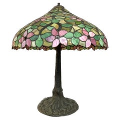 Chicago Mosaic Lamp Co. Antique Art Nouveau Style Faux Bois Leaded Glass Lamp
