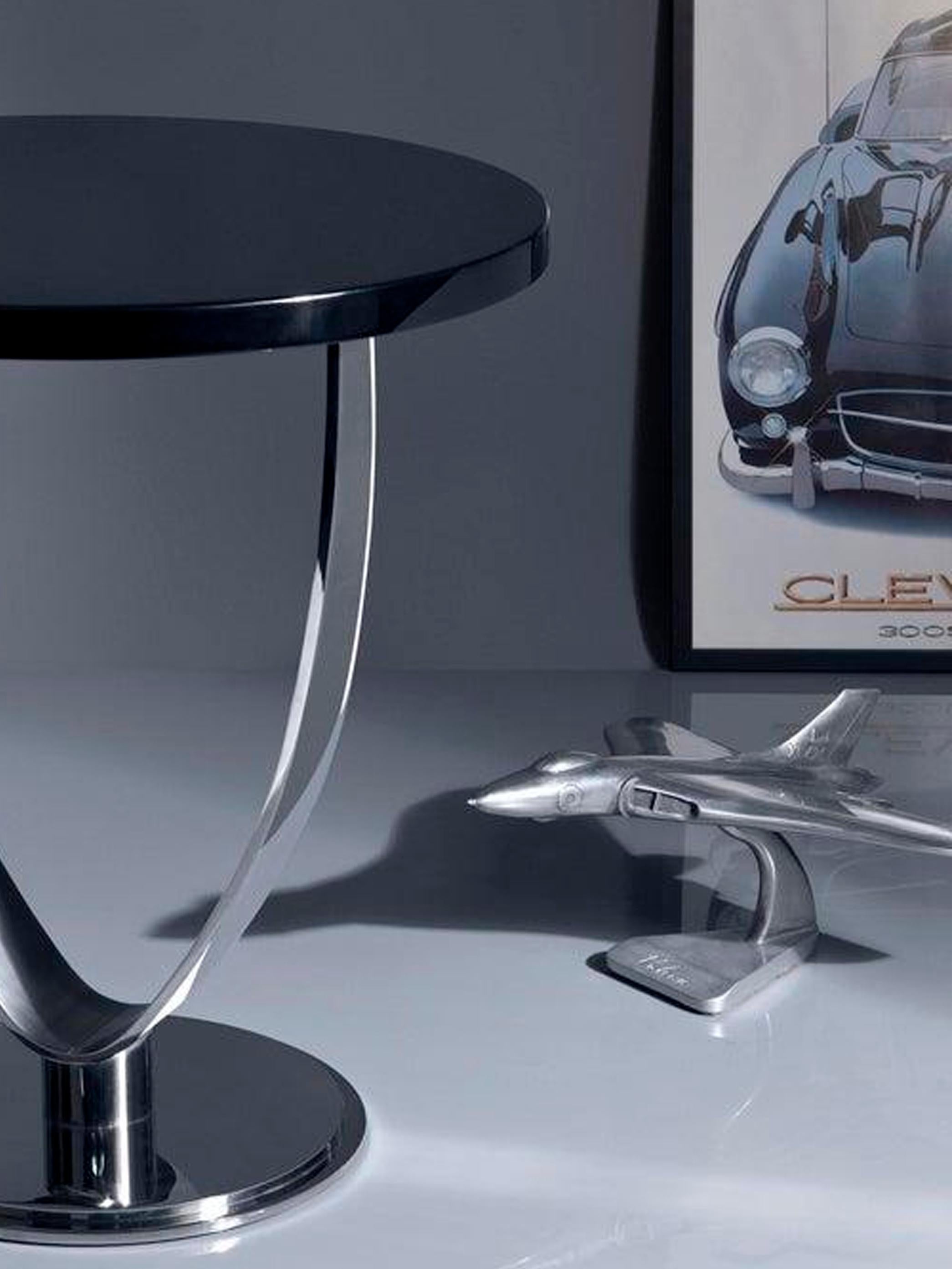 Contemporary Chicago, Side Table in Polished and Brushed Stainless Steel and Black Lacquer For Sale