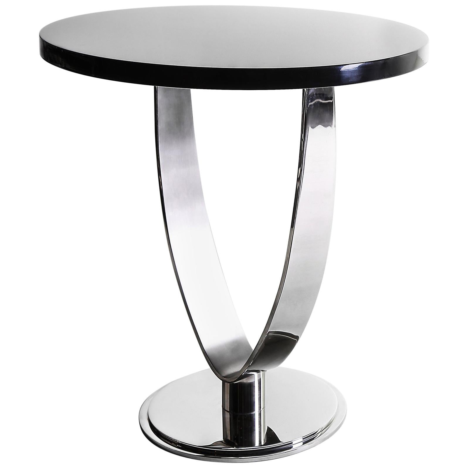 Chicago, Side Table in Polished and Brushed Stainless Steel and Black Lacquer