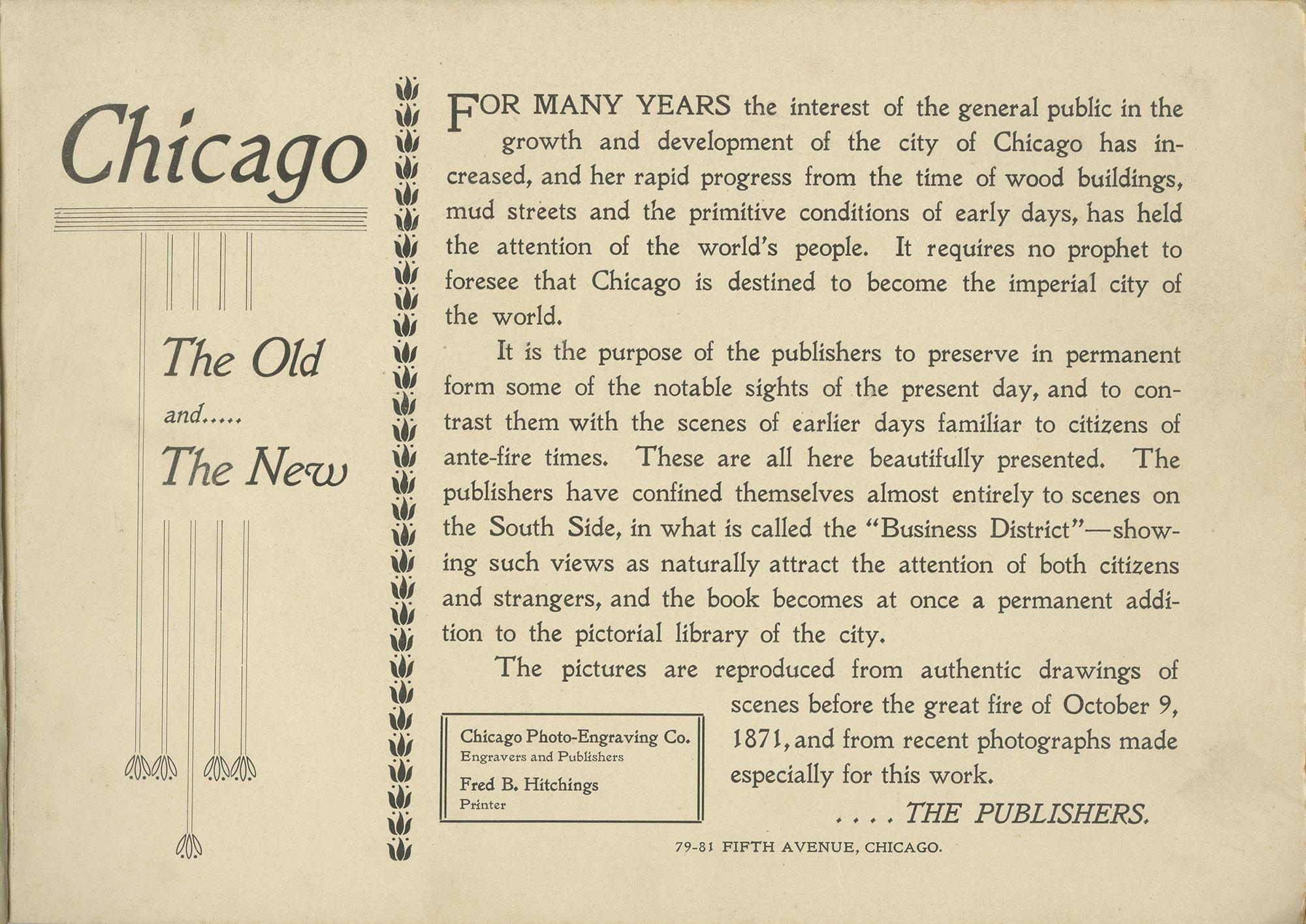 20ième siècle « Chicago, the Old and the New » (Chicago, l'ancien et le nouveau) de Fred B. Hitchings vers 1920 en vente