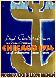 CHICAGO WORLD'S FAIR 1934 - LLOYD BREMEN Rare Original Vintage Art Deco Poster
