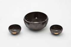 CHICHA Decorative Ceramic Bowls Dark Green Glaze w Gold Luster Details, Set of 3
