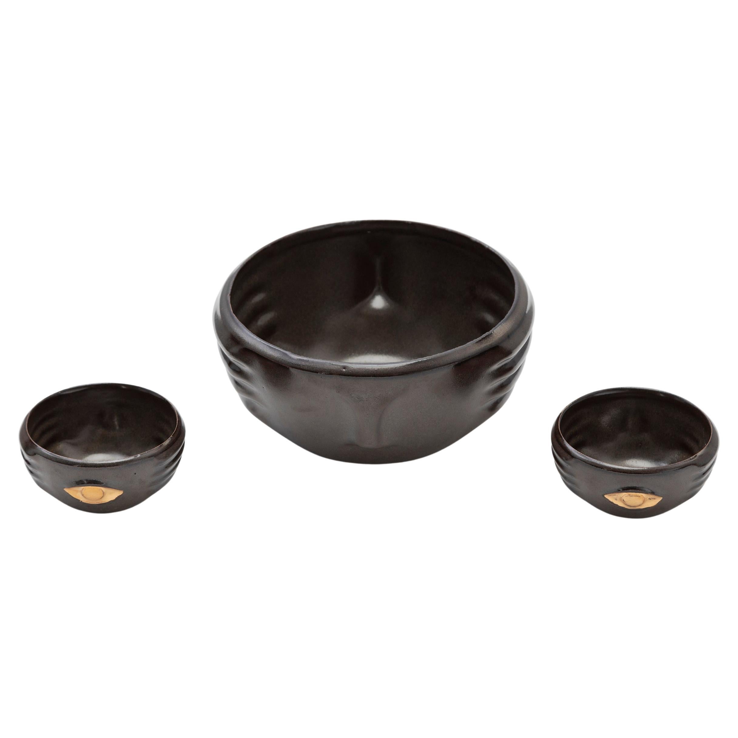 CHICHA Cuencos de Cerámica Decorativa Esmalte Verde Oscuro con Detalles Dorados, Set de 3
