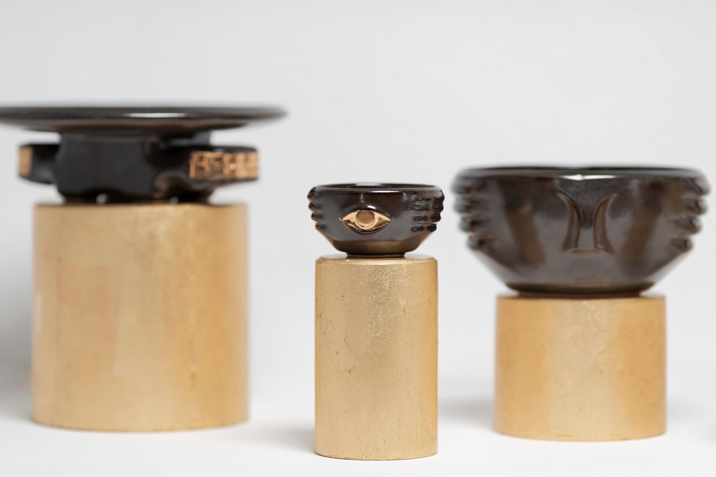 CHICHA Decorative Ceramic Bowls in Black Glaze w Gold Luster Details, Set of 3 For Sale 4