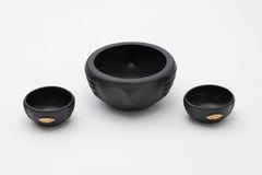 CHICHA Decorative Ceramic Bowls in Black Glaze w Gold Luster Details, Set of 3