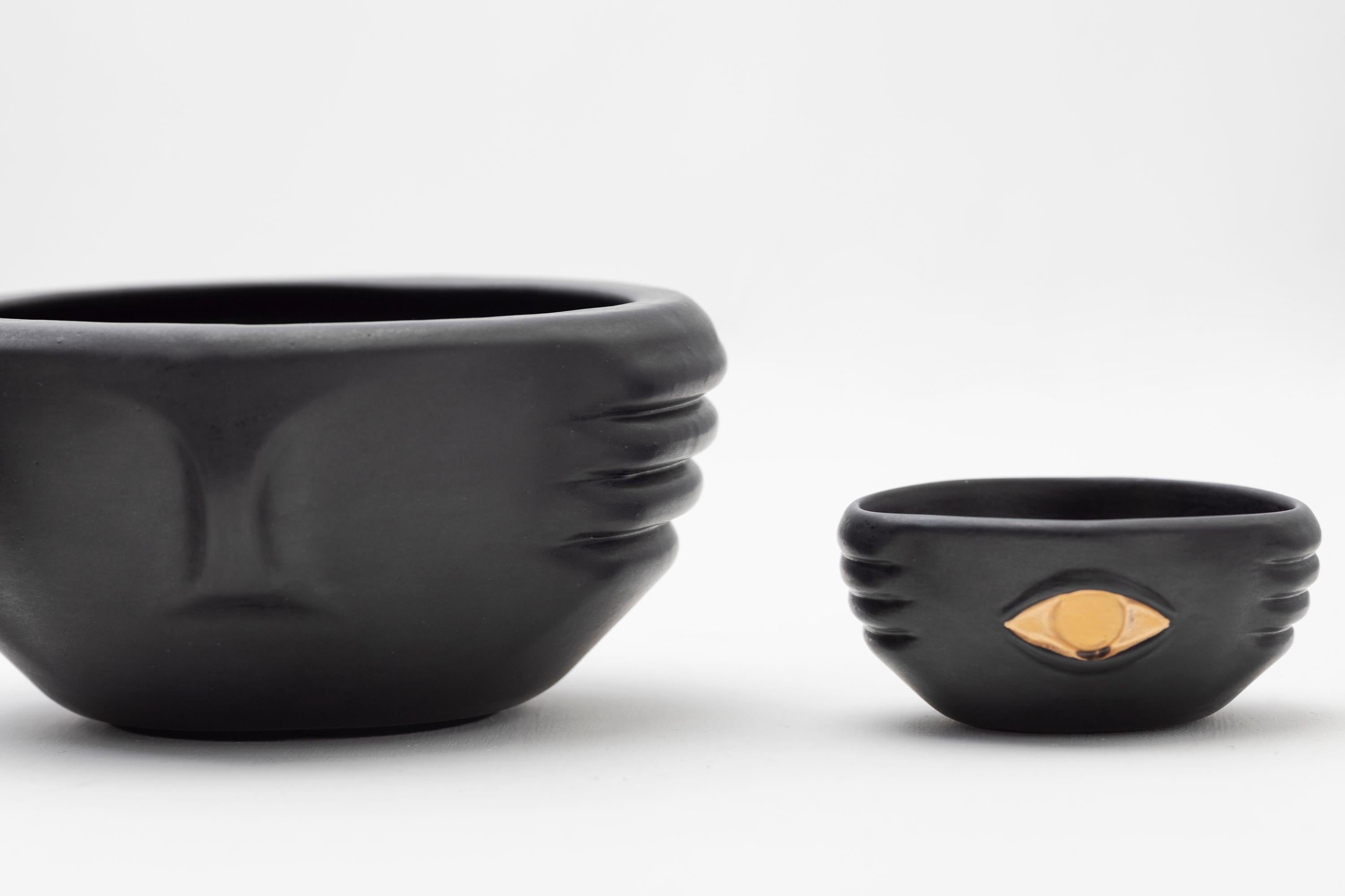 CHICHA Decorative Ceramic Bowls in Black Glaze w Gold Luster Details, Set of 3 For Sale 1