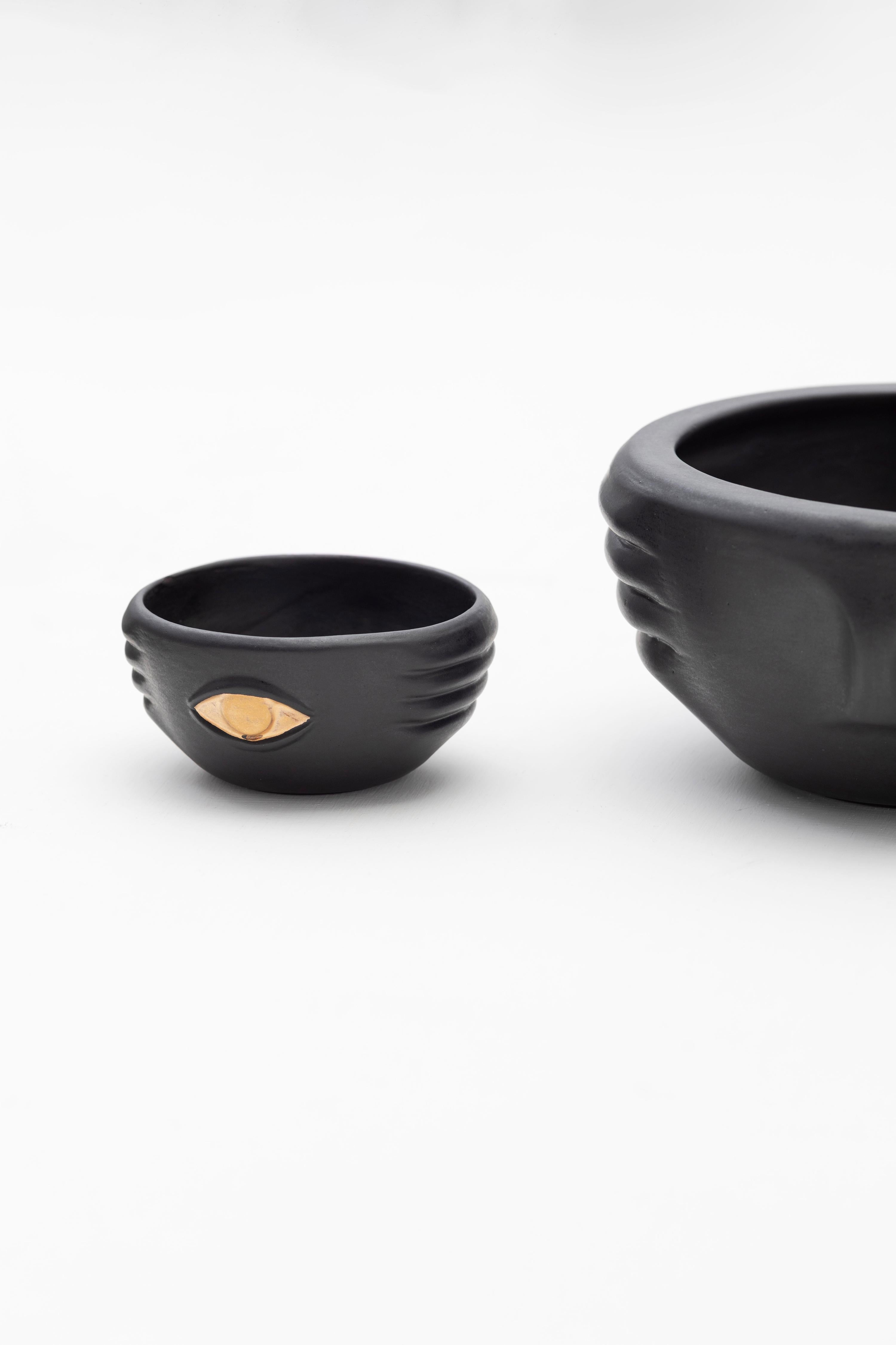 CHICHA Decorative Ceramic Bowls in Black Glaze w Gold Luster Details, Set of 3 For Sale 2