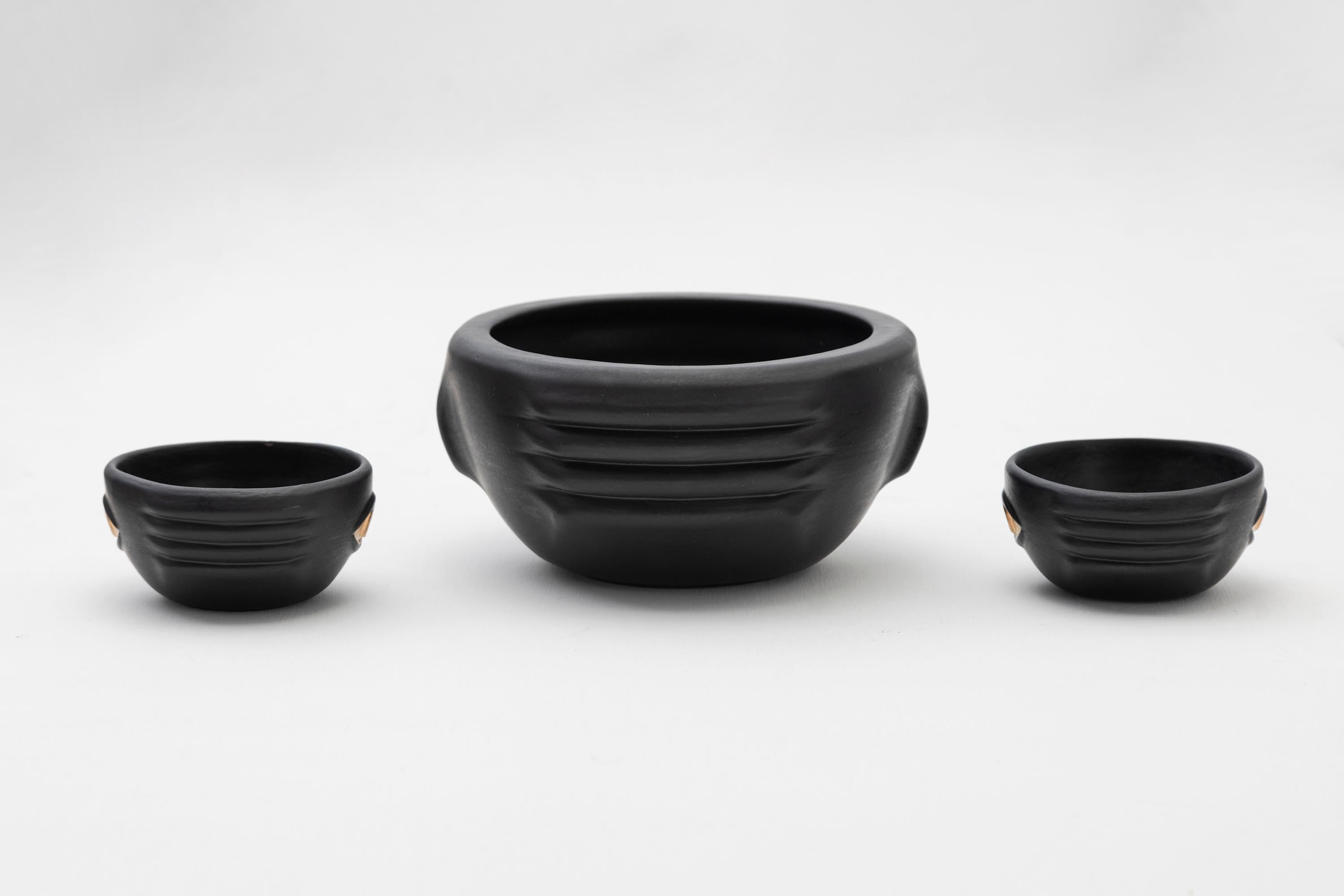 CHICHA Decorative Ceramic Bowls in Black Glaze w Gold Luster Details, Set of 3 For Sale 3