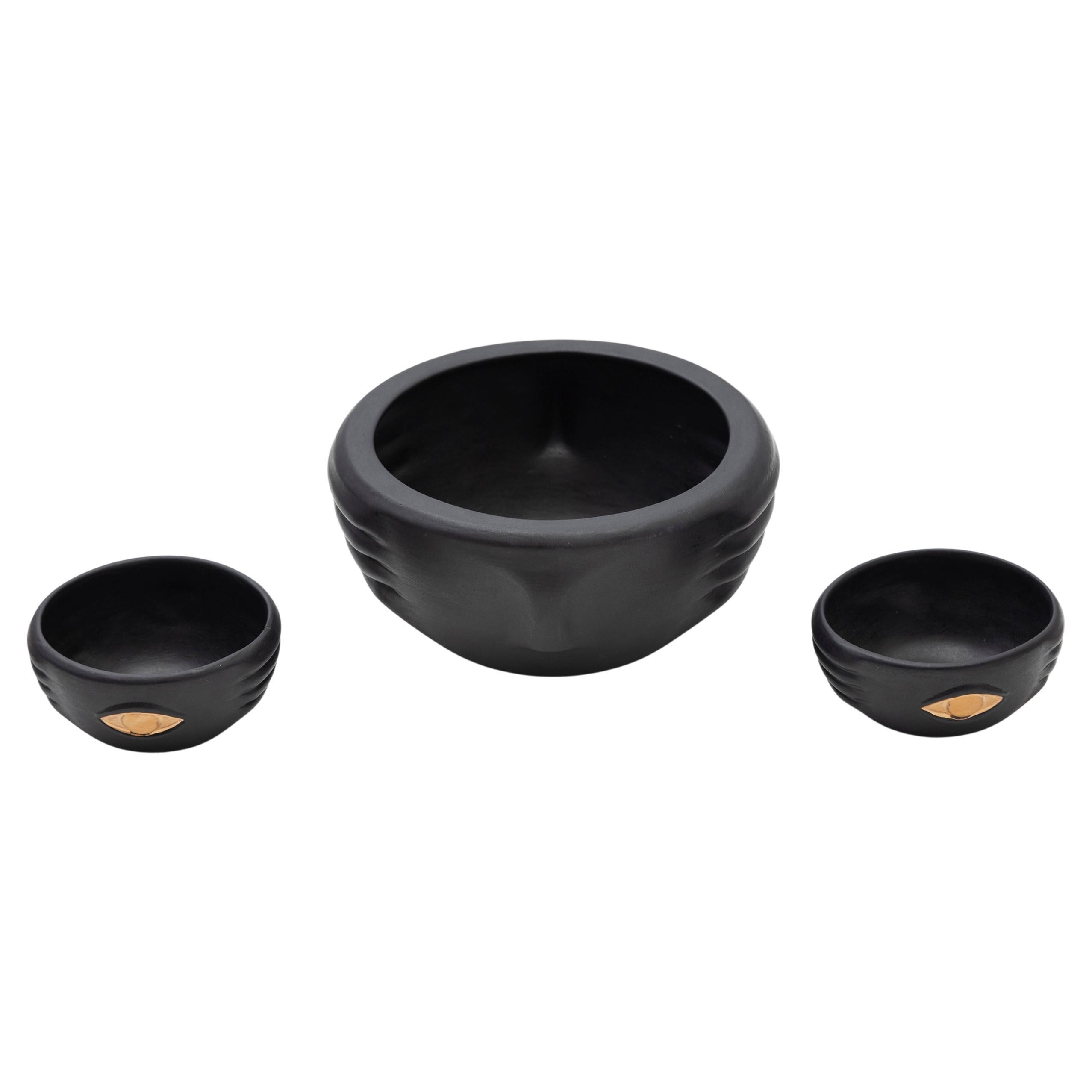 CHICHA Cuencos Decorativos de Cerámica con Esmalte Negro y Detalles Dorados, Set de 3