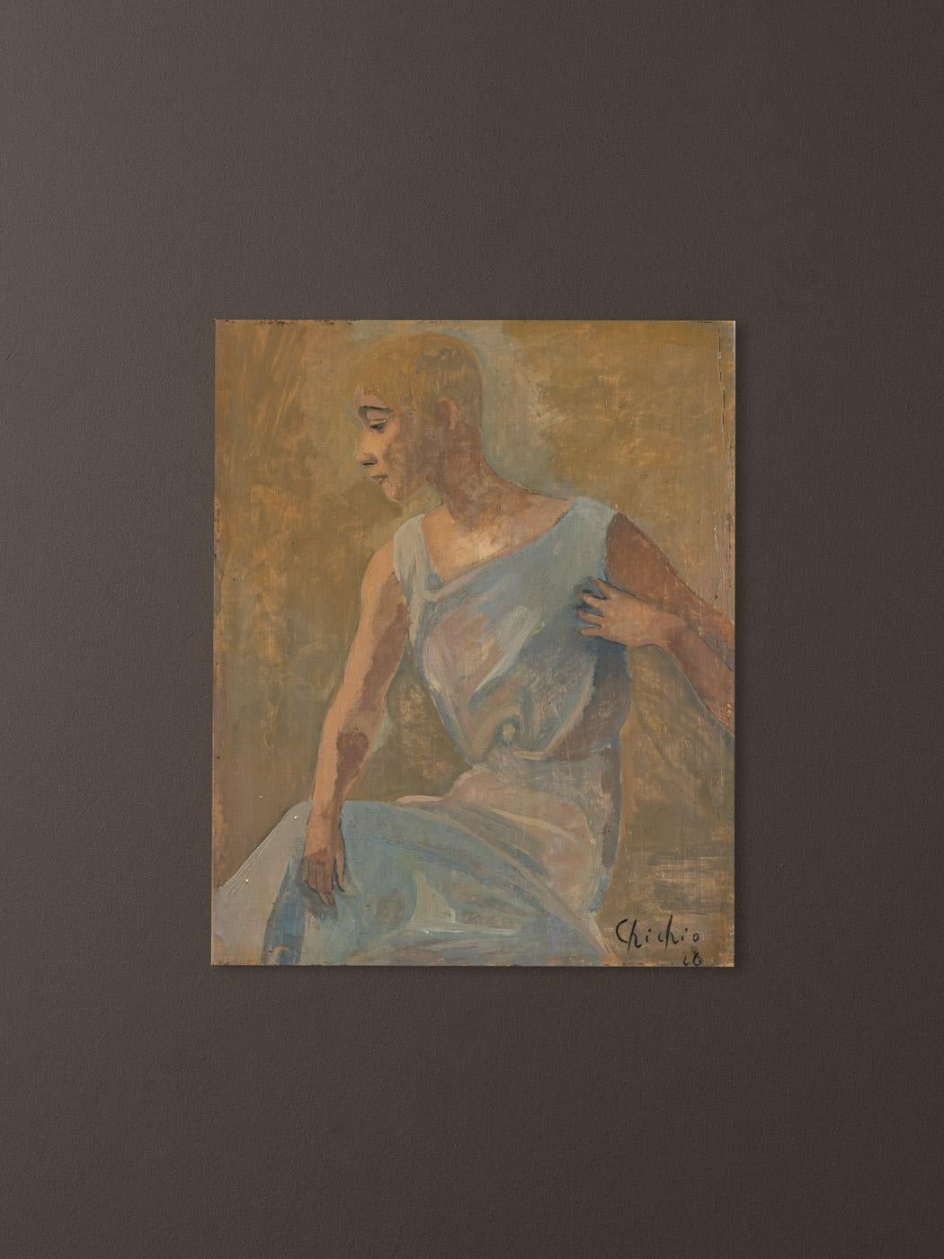 Chichio, weibliche Studie, Öl auf Hardboard, romantisch gerahmt, 1 928 Hellblau (Romantik) im Angebot