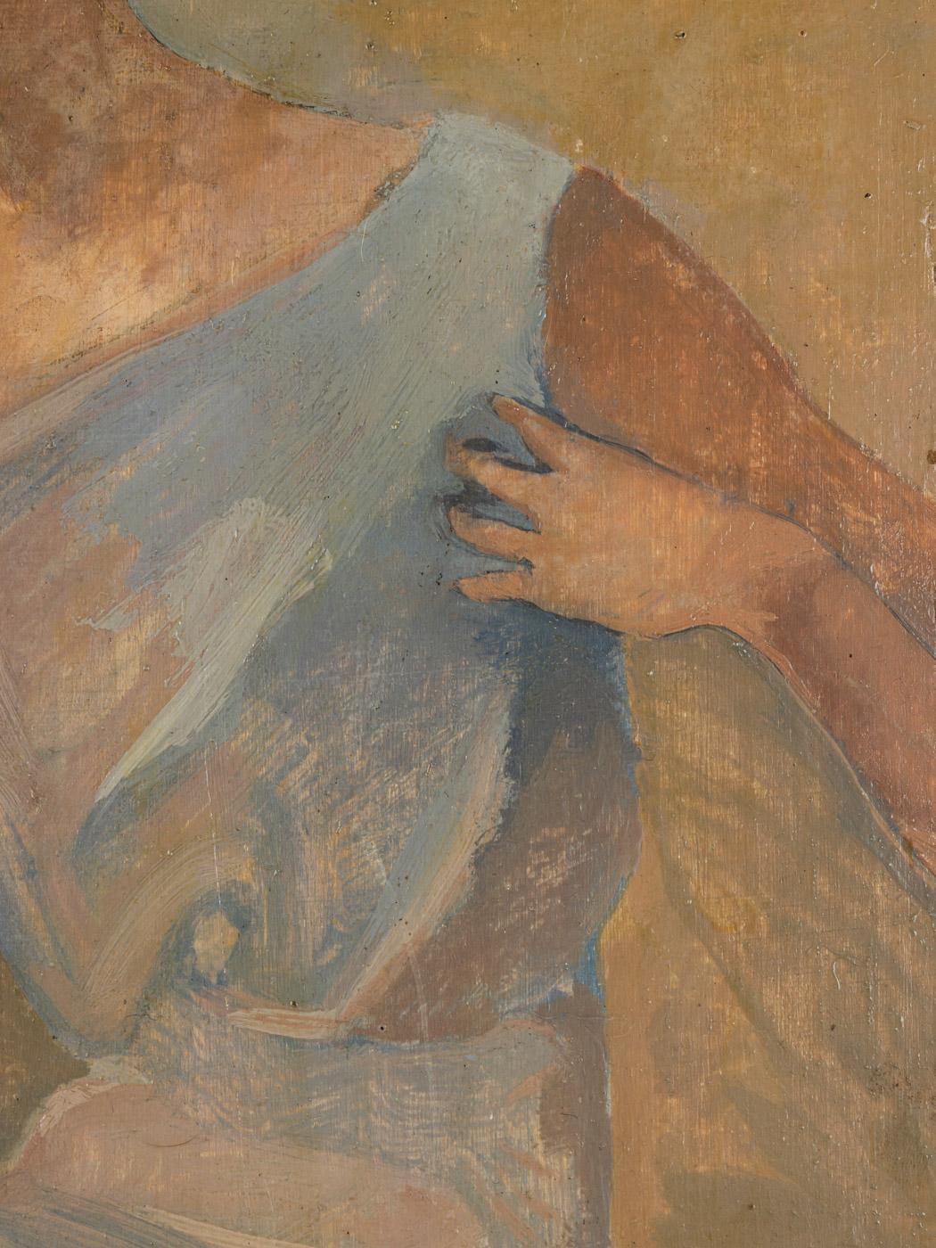 Chichio, weibliche Studie, Öl auf Hardboard, romantisch gerahmt, 1 928 Hellblau (Gemalt) im Angebot
