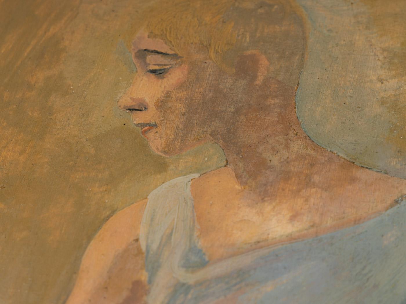 Chichio, weibliche Studie, Öl auf Hardboard, romantisch gerahmt, 1 928 Hellblau im Zustand „Gut“ im Angebot in Neuss, NW