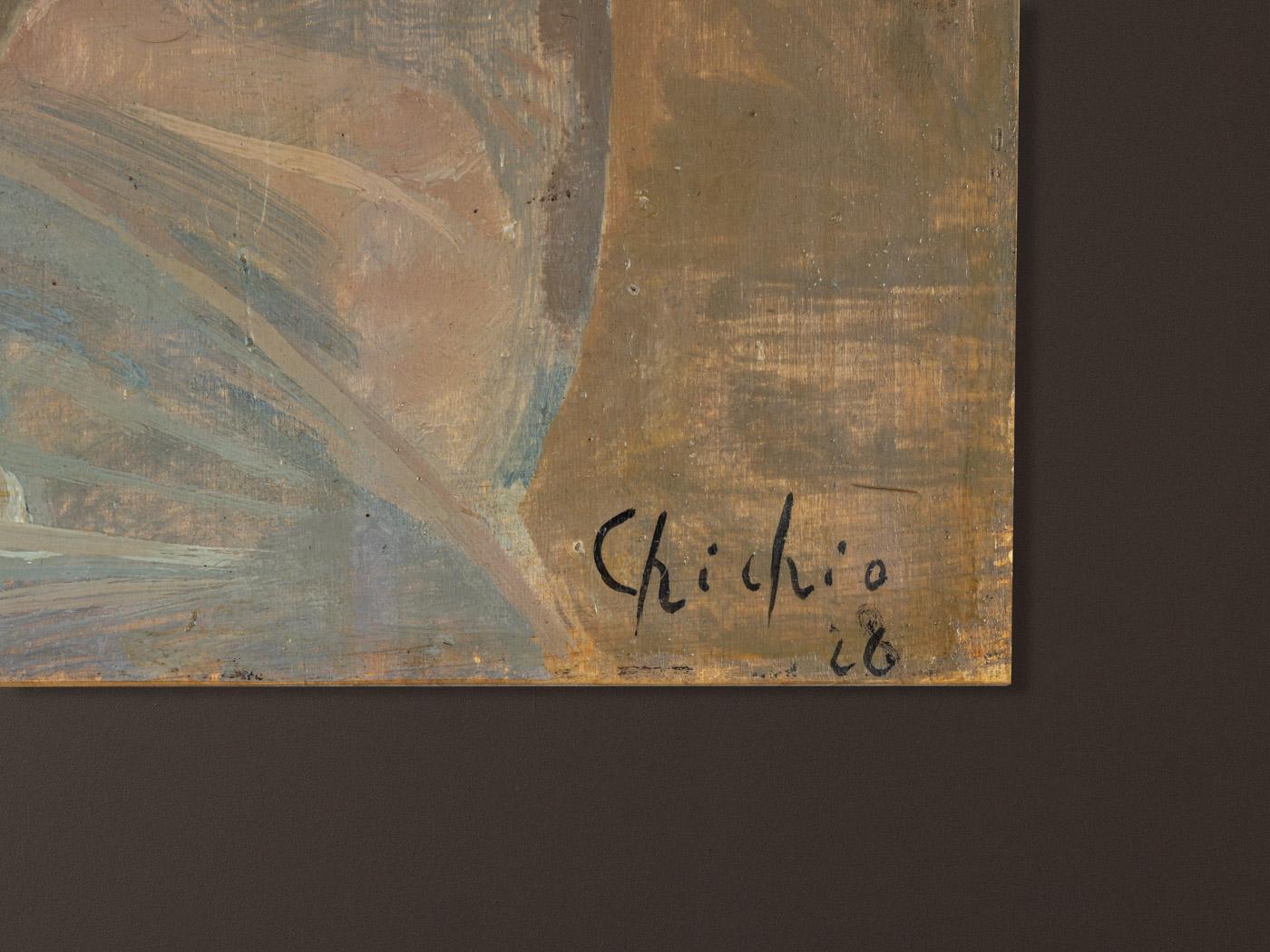 Chichio, weibliche Studie, Öl auf Hardboard, romantisch gerahmt, 1 928 Hellblau (Holz) im Angebot