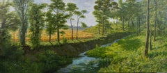 Reifendes Roggenfeld am Bach, Landschaftsgemälde, Öl auf Leinwand, 1980