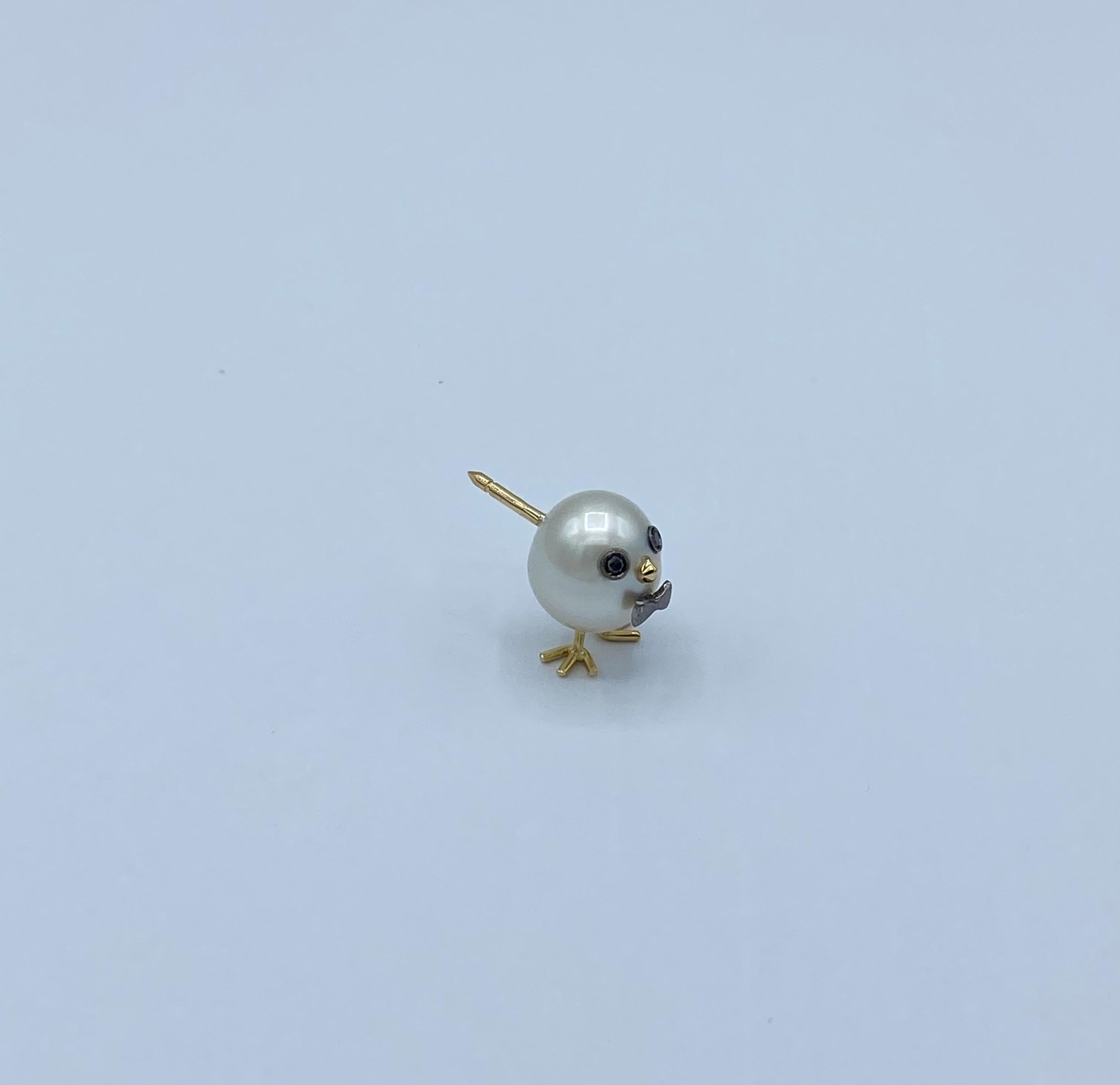 Chick Black Diamond Yellow White 18 Karat Gold Australian Pearl Pin Brooch In New Condition For Sale In Bussolengo, Verona