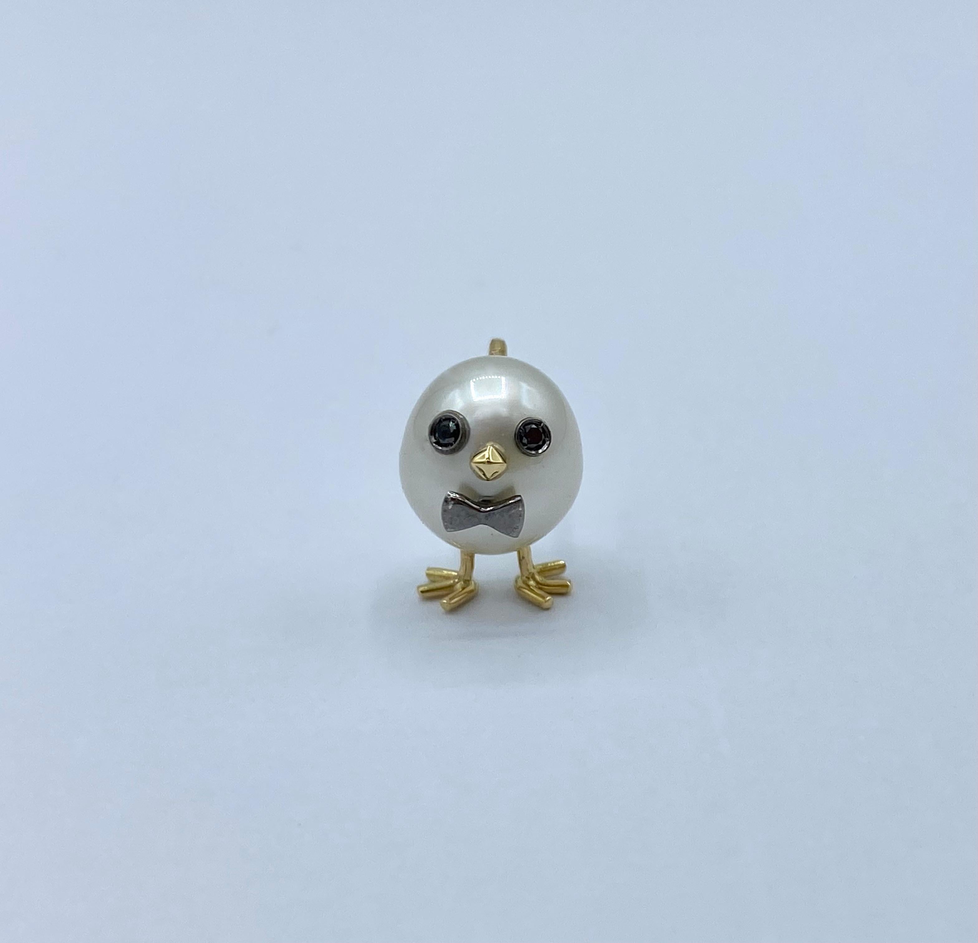 Chick Black Diamond Yellow White 18 Karat Gold Australian Pearl Pin Brooch For Sale 2