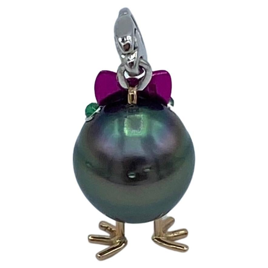 Chick Tahitian Pearl Emerald 18Kt Red and White Gold Pendant Necklace or Charm In New Condition In Bussolengo, Verona