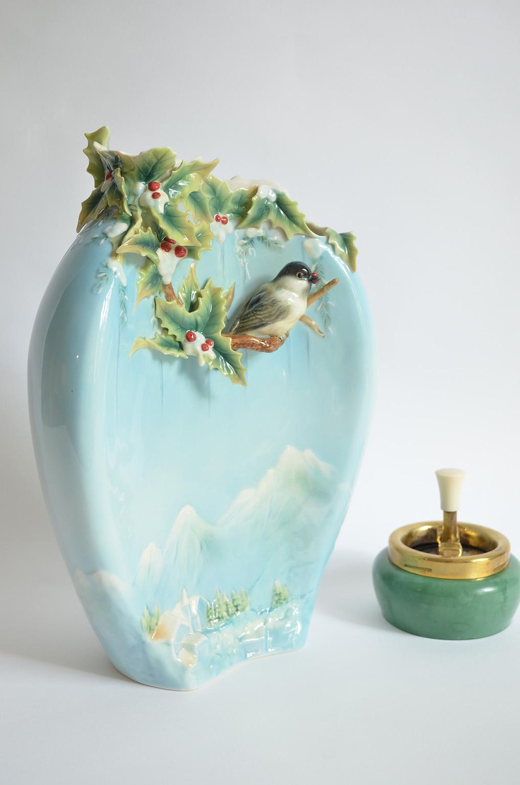 Modern Chickadee Large Vase, Franz Collection Porcelain, Holiday Beginning 2007-2010 For Sale
