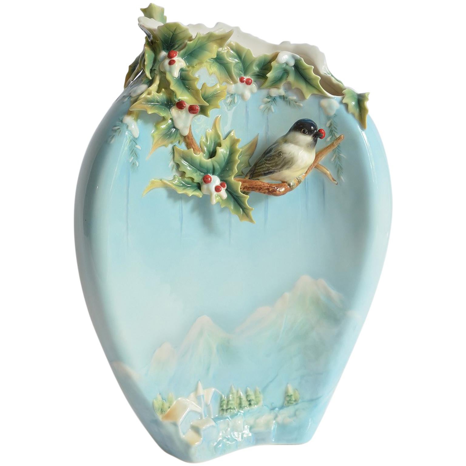 Chickadee Large Vase, Franz Collection Porcelain, Holiday Beginning 2007-2010 For Sale