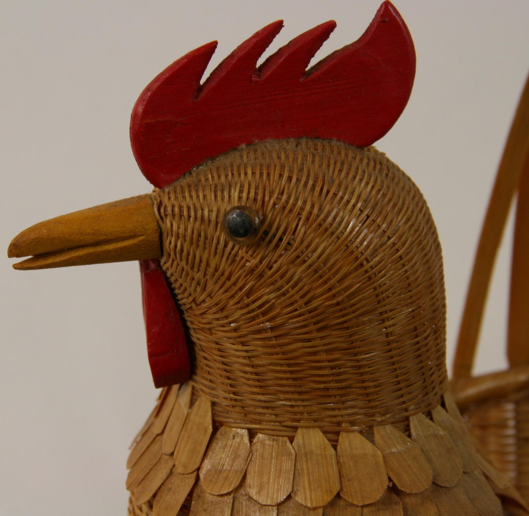 3-176 French handwoven chicken egg gathering basket with carved wood features in red.