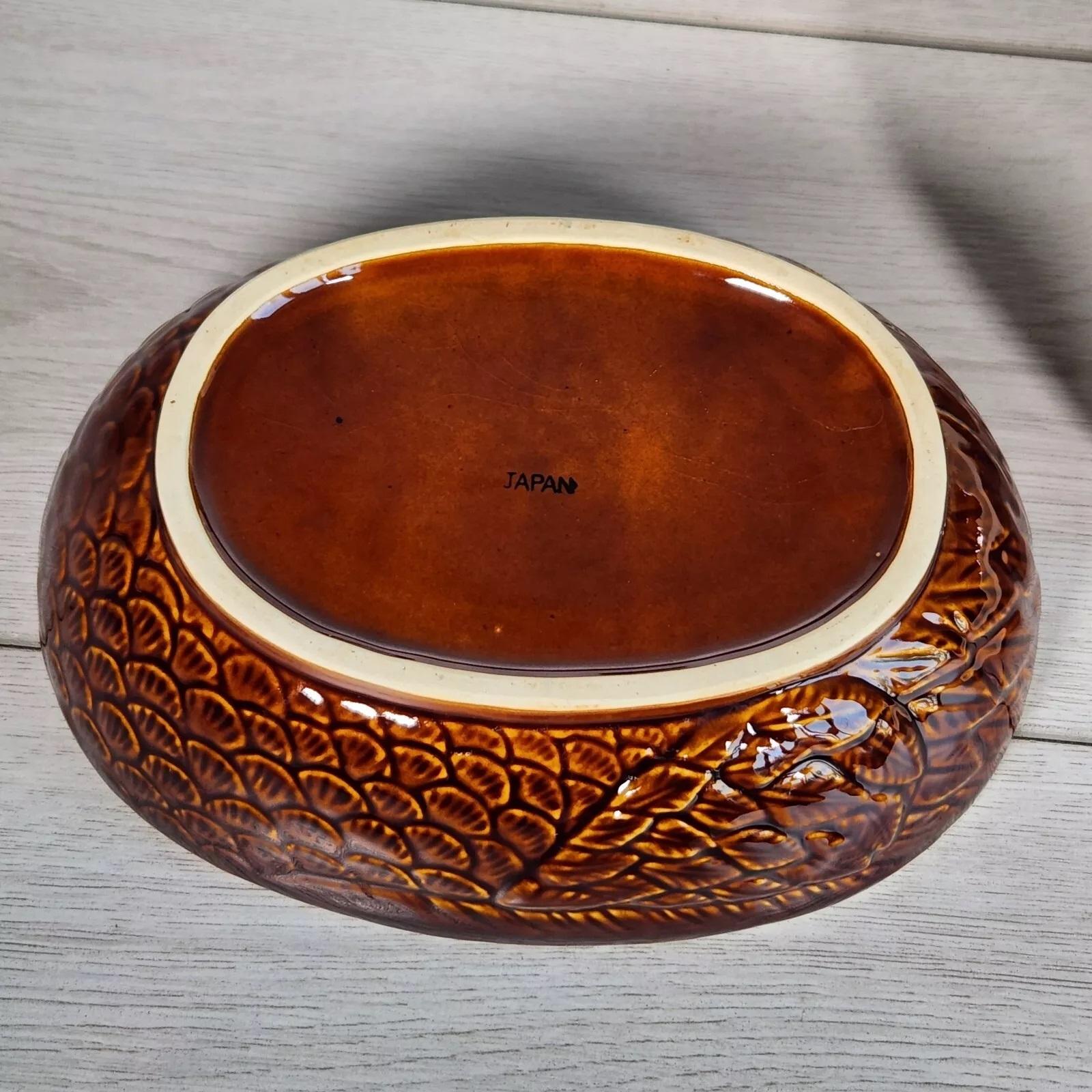 Giapponese Antico Porta Uova di Gallina in Ceramica Scultrice Cucina Decor Smalto Marrone VTG Piatto in vendita