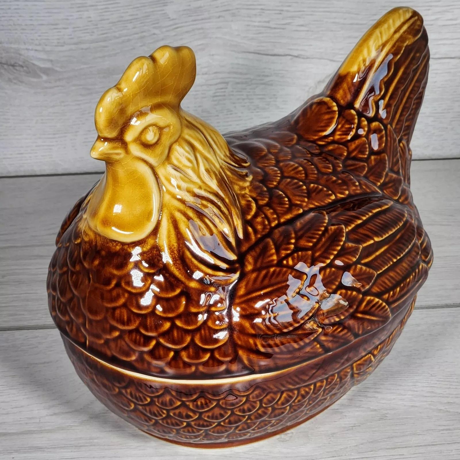 Calco Antico Porta Uova di Gallina in Ceramica Scultrice Cucina Decor Smalto Marrone VTG Piatto in vendita